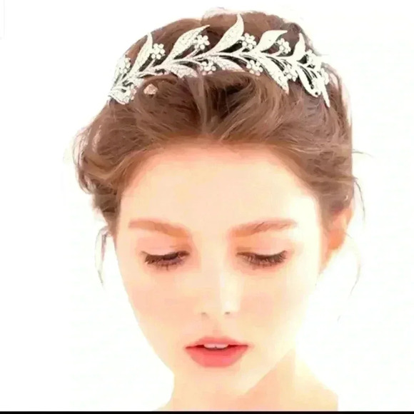 Floral Leaf Crystal Bride Wed Fairy Rhinestone Tiara - Picture 1 of 7